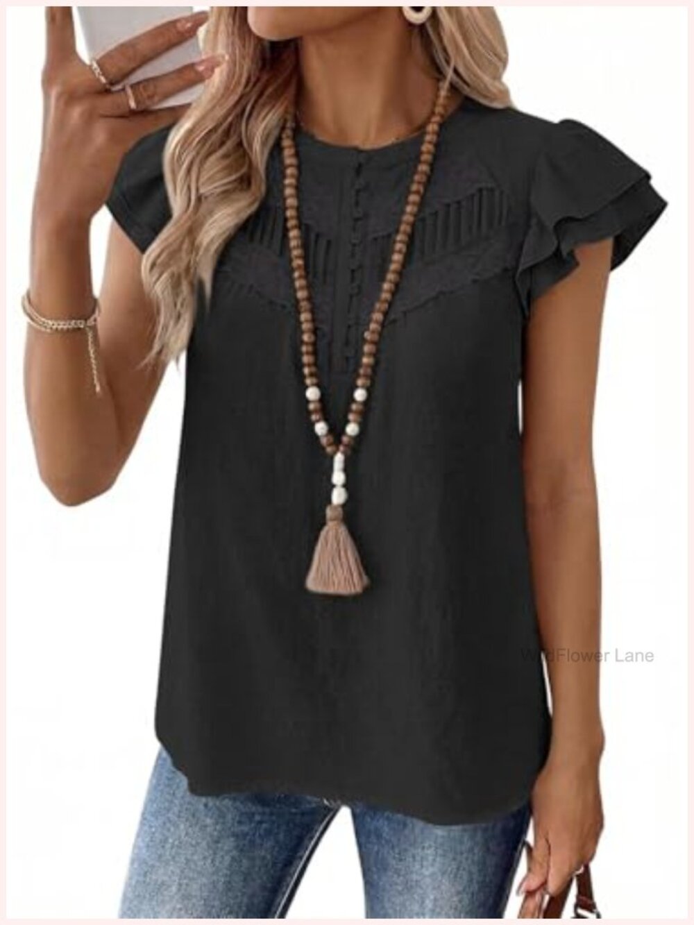 Womens Boho Lace Blouse Ruffle Sleeve Split Neck Henley Top